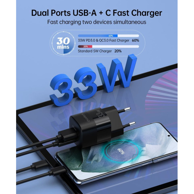 Мережевий зарядний пристрій, GaN, USB-A/USB-C, 33Вт, QC3.0/PD/PPS