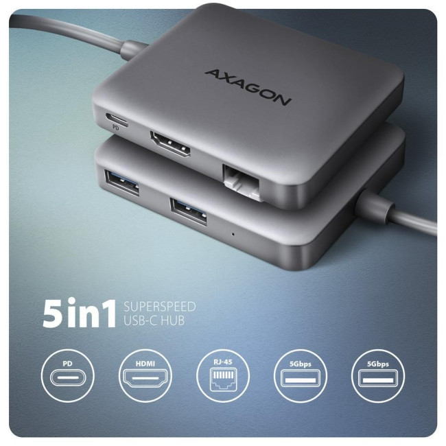 Хаб концентратор AXAGON HMC-5HL USB-C 5Гбіт/с SuperSpeed 5in1 hub, Сірий