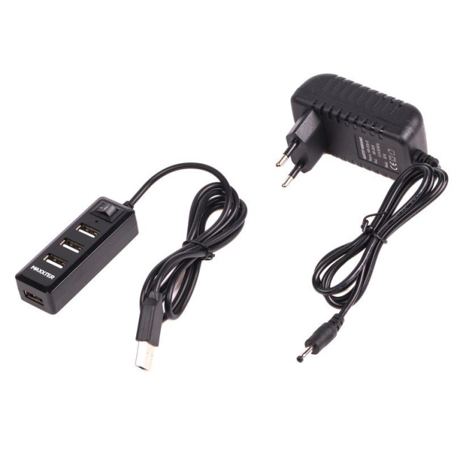 Хаб USB 2.0 Type-A на 4 порти, 5V1A зарядка в комплекті, пластик, чорний