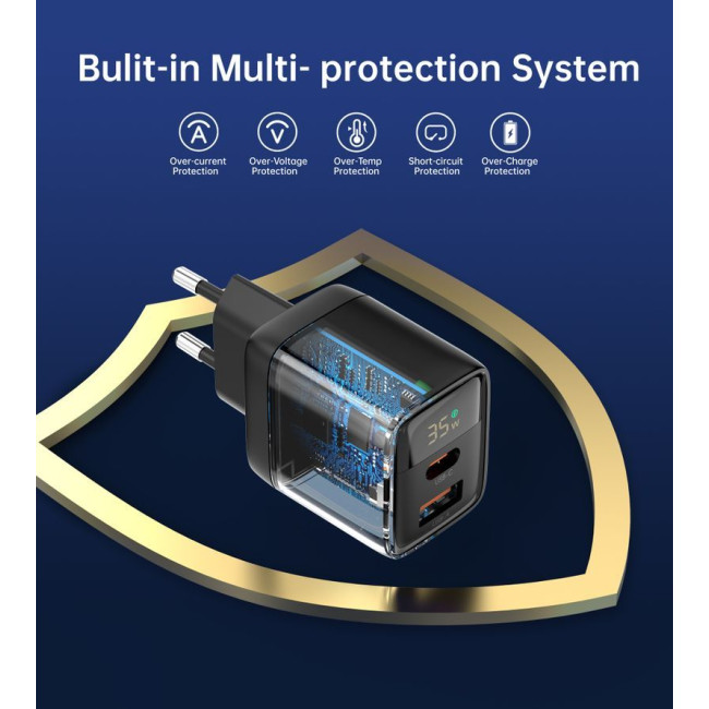 Мережевий зарядний пристрій, GaN, USB-A/USB-C, 35Вт, QC3.0/PD/PPS