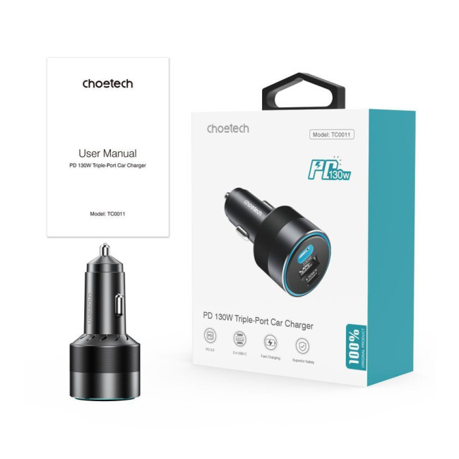Автомобільний зарядний пристрій, 2 USB-C+USB-A, 130Вт, QC3.0/PD/PPS, чорний