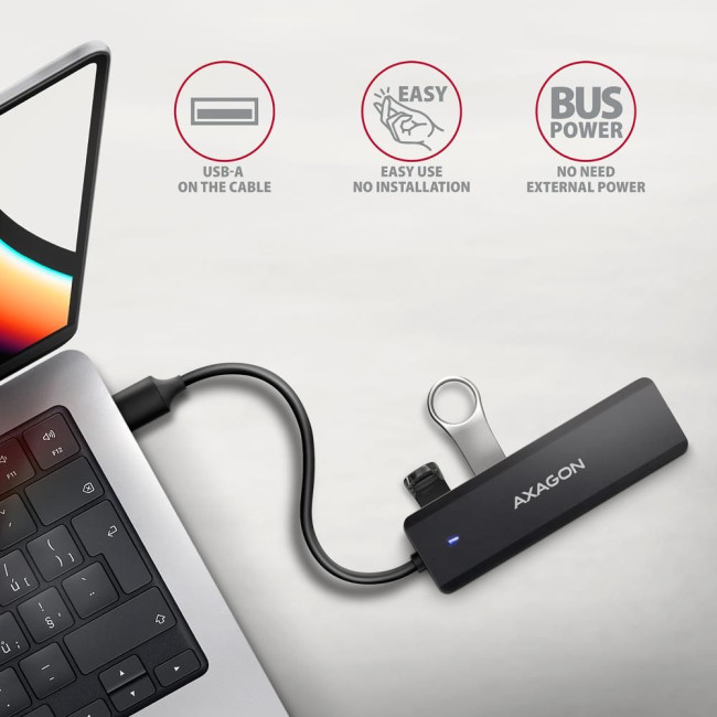 Хаб AXAGON HUE-C1A USB-A 5Гбіт/с TRAVEL hub, 20см Type-A, Чорний
